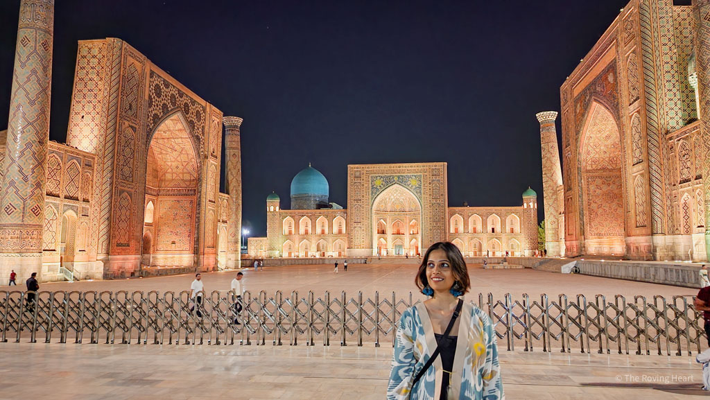 registan square lit up during the night - Uzbekistan Travel Guide