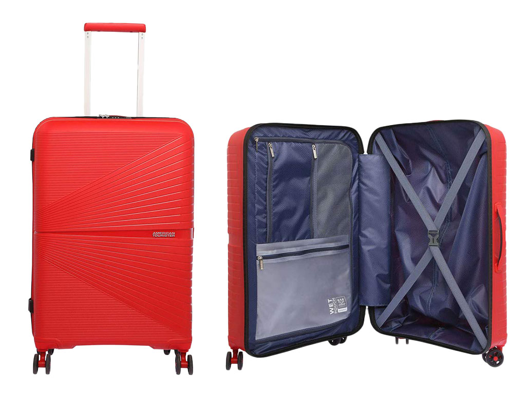 american tourister airconic suitcase closed and open view