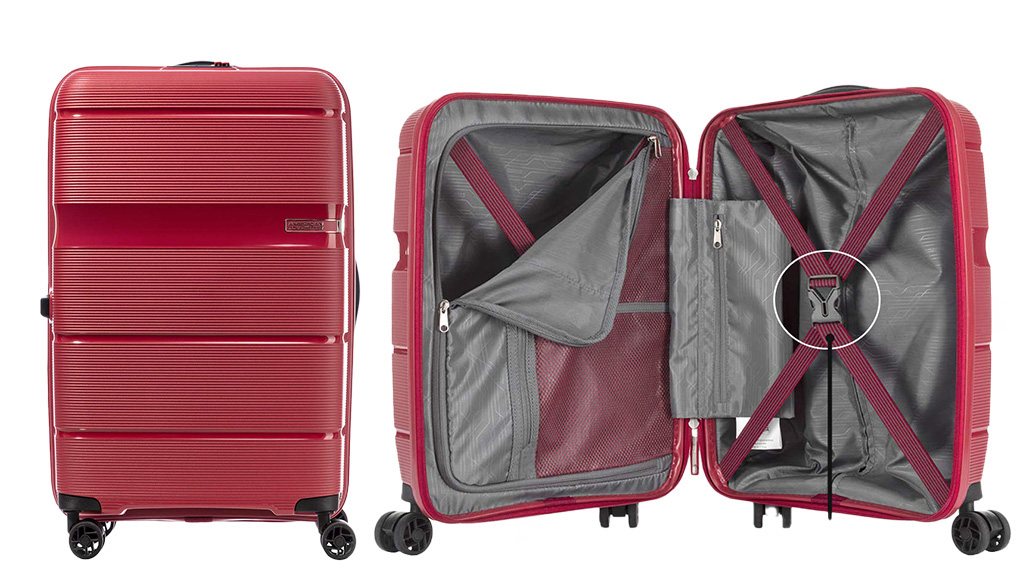 american tourister red trolley bag closed and open view