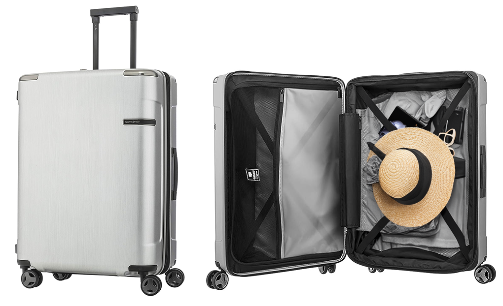samsonite evoa suitcase closed and open view - best check-in luggage 