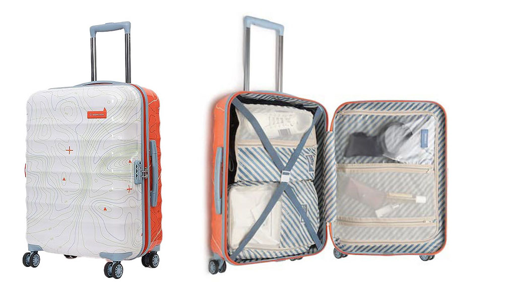 uppercase topo medium suitcase closed and open view - best sustainable check-in luggage