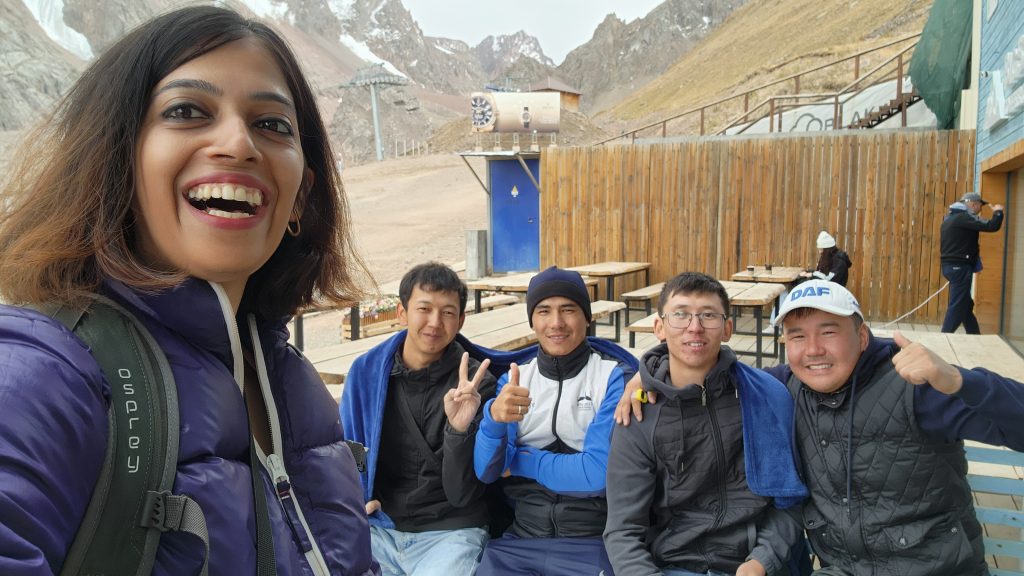 Selfie with locals at 3200m - cable car from Medeu